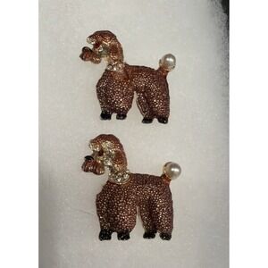 Vintage Apricot Poodle Brooch Set Pearl Tail Crystal Eyes Enamel Pins 2 Pieces